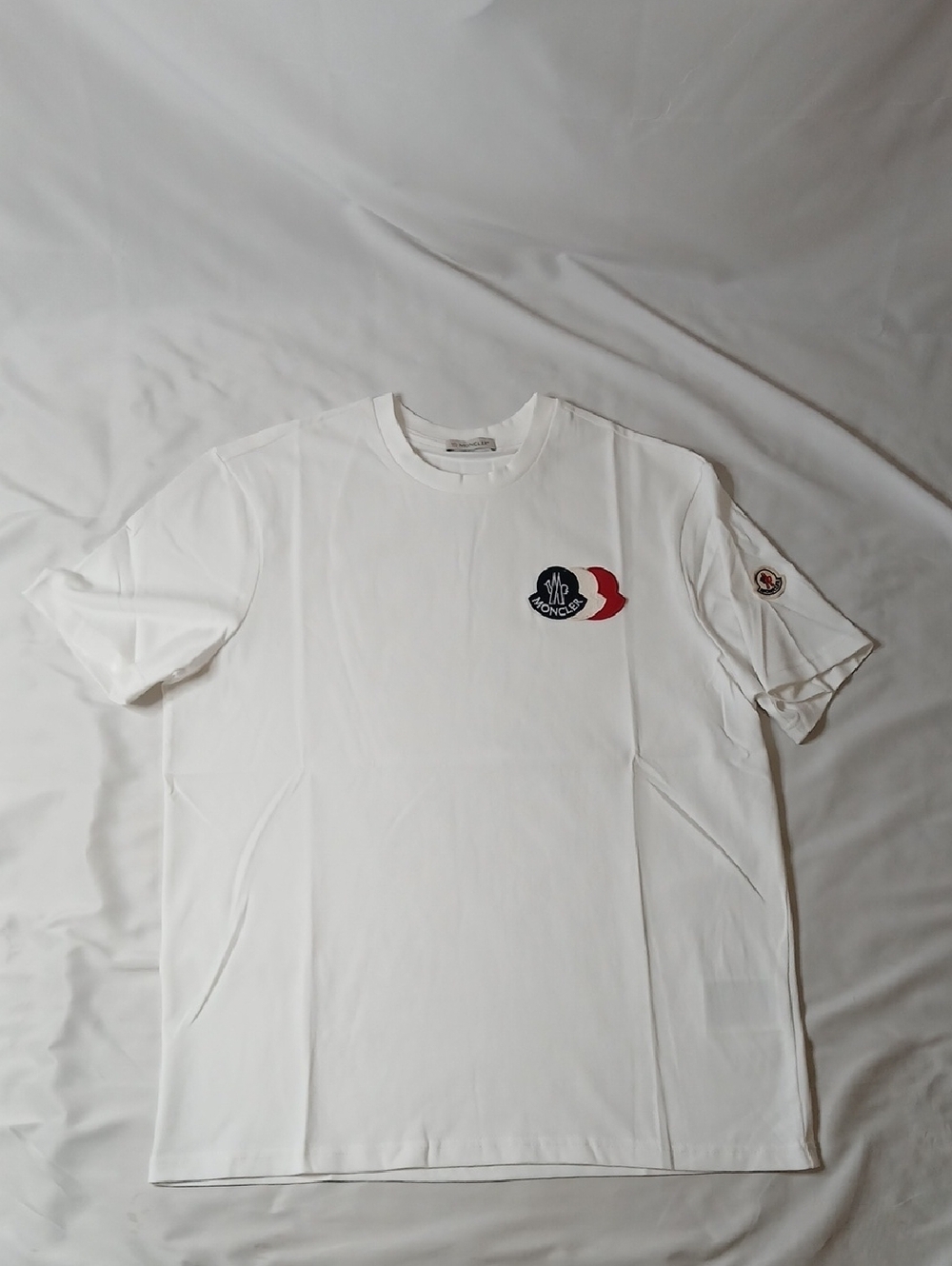 Moncler White Crewneck T-Shirt with Tricolor Logo Patch